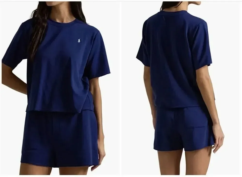Polo Ralph Lauren Navy Logo Short Sleeve Crew Neck Pajama Set Women’s Medium New